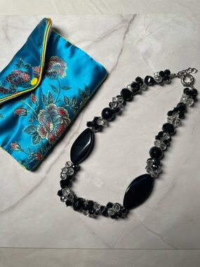Statement Necklace with Black Onyx and Crystal Beadeds - Women Jewelry